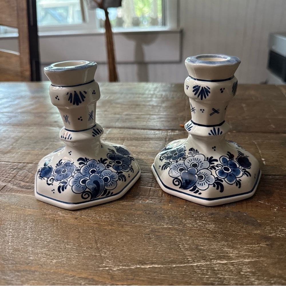 Royal Goedewaagen hand painted white and blue porcelain candlestick (pair)